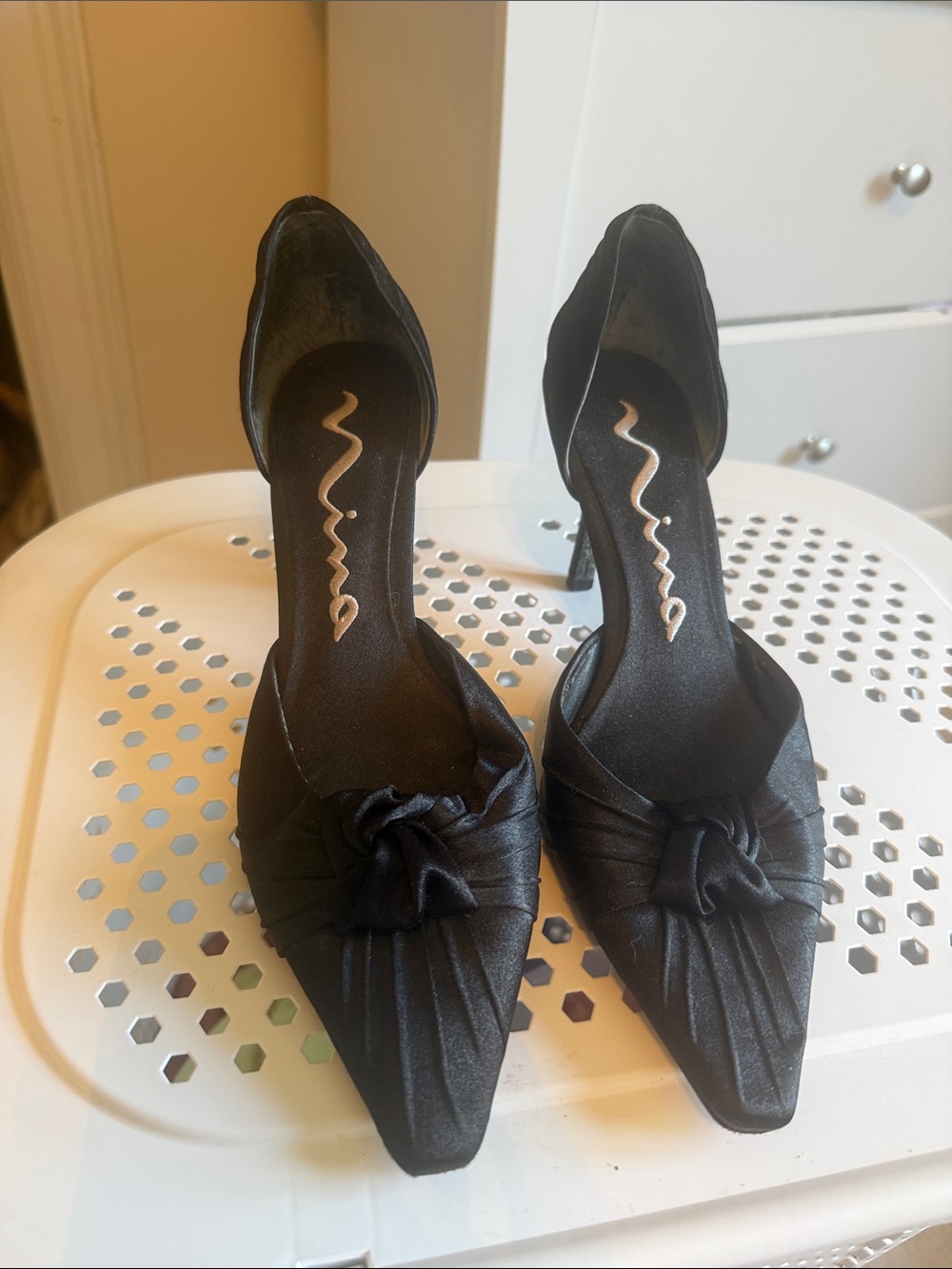 Nina Black Satin Pointed-Toe D'Orsay Knot Heels